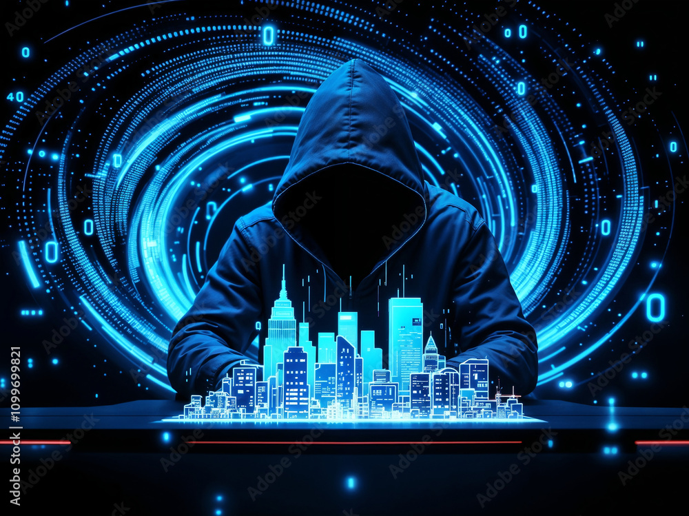 Poster hacker with holographic interface, phishing and data hacking concept. generative ai