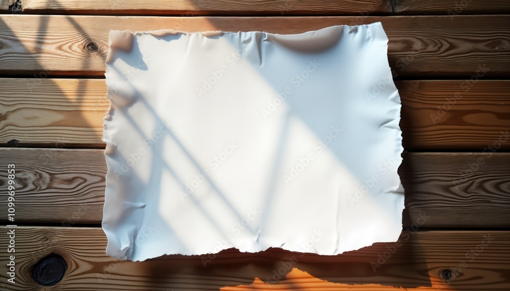 Poster blank white paper rests on light brown wooden surface. sunlight casts soft shadows on paper. paper i