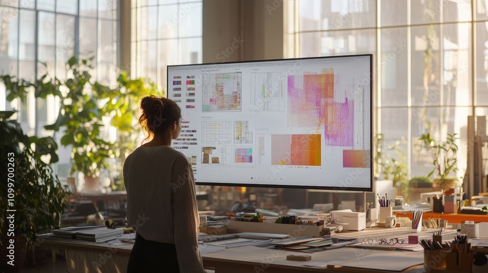 Aufkleber imagine an office where an ai is enhancing creativity. a designer interacts with a virtual assistant
