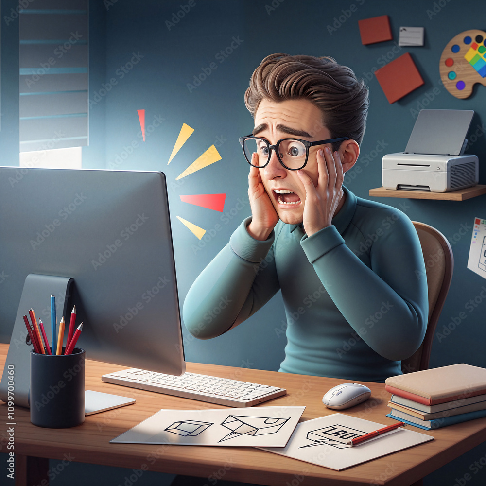 Poster graphic designer in front of desktop in surprise, error in program. generative ai