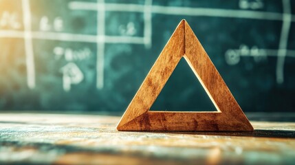 Wooden triangle on a table in front of a chalkboard, illustrating the Pythagorean theorem with mathematical formulas in the background.