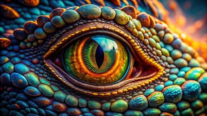 Enigmatic Dragon Eye Close-Up: Captivating Details of Mythical Creatures in Nature, Vibrant Colors, Intricate Scales, and Mysterious Depths Captured in Documentary Photography Style
