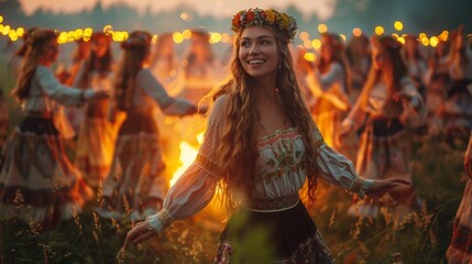 Summer solstice. Beautiful Slavic women dance around the campfire during Kupala Night, traditional Slavic holiday that was originally celebrated on the shortest night of the year.
