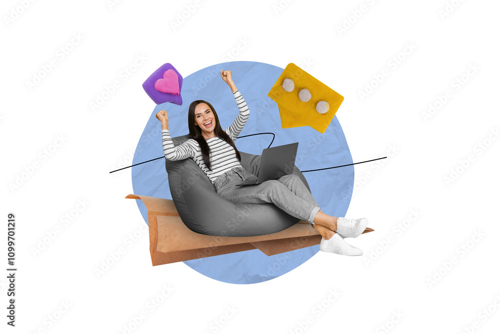 Poster creative collage image of delighted happy mini girl sit bean bag raise fists use netbook receive lik