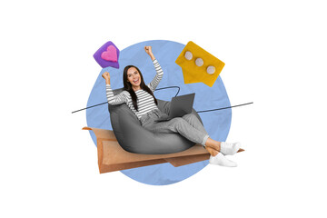 Creative collage image of delighted happy mini girl sit bean bag raise fists use netbook receive...