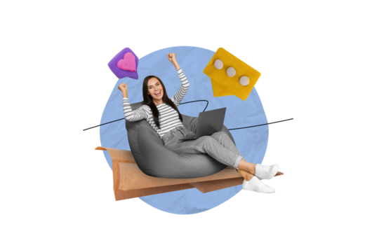 Creative collage image of delighted happy mini girl sit bean bag raise fists use netbook receive like sms notification fly big paper plane