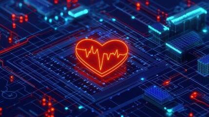 Fototapeta premium Heartbeat Visualization on Circuit Board in Neon Colors