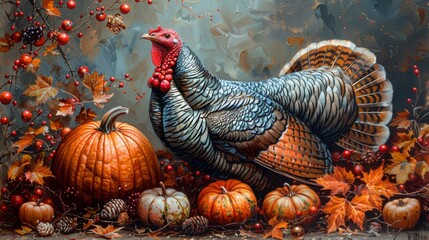 Thanksgiving and Harvest Festival. Capture the intricate details of each object, from the delicate veins of a pumpkin leaf to the glistening texture of a turkey's skin.