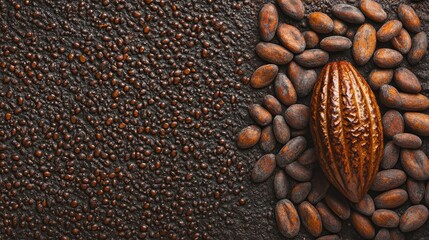 Ripe cocoa pod surrounded by roasted cocoa beans on a rich, textured background of assorted cocoa beans showcasing their natural colors and hues.