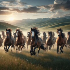 Herd of wild horses galloping across a vast meadow their manes f