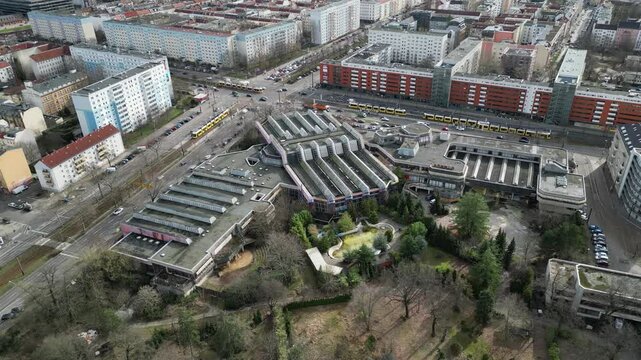 Aerial view of the beautiful former east german sport and event location with modern buildings and greenery, Berlin, Germany.