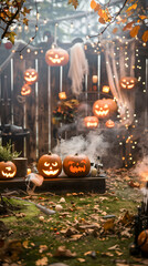 Obraz premium A festive Halloween scene with carved pumpkins, fog, and twinkling lights in a garden.