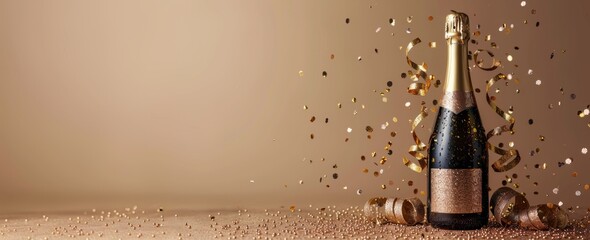 Happy birthday. Photo of a champagne bottle with gold confetti and ribbons on a beige background, representing celebration for party. Web banner showing space at the top