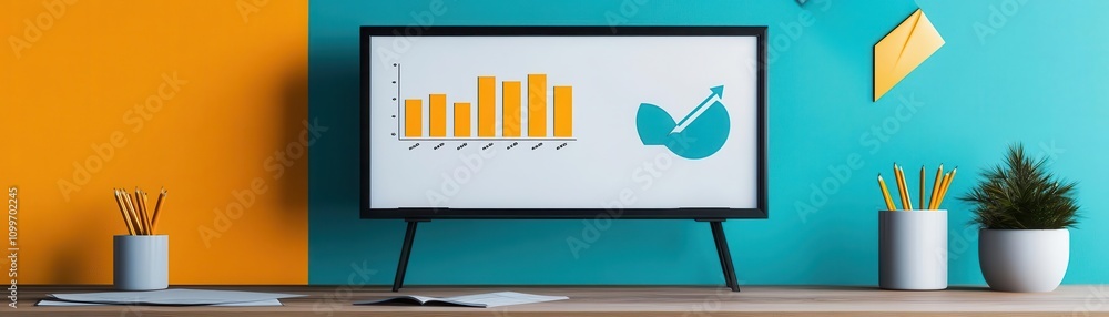 Poster a modern workspace featuring a vibrant color scheme, showcasing a screen with bar graphs and a check