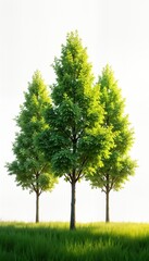 Obraz premium Three European Ash trees stand in a field of tall grass. Bright sun illuminates the green leaves and grass. Isolated backdrop. Summer season. Ideal for eco tourism or nature illustration.