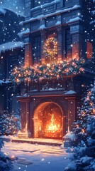 Obraz premium A cozy winter scene featuring a beautifully decorated fireplace.
