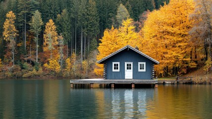 Obraz premium Small cabin on the edge of a lake with a wooden pier, surrounded by golden autumn leaves lake cabin, autumn reflections
