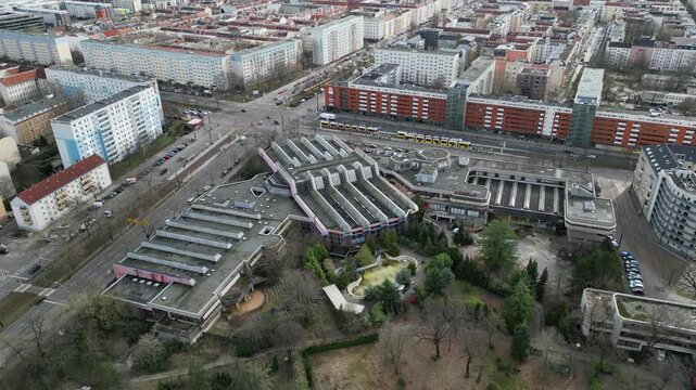 Aerial view of urban landscape with modern buildings and greenery, Berlin, Germany.