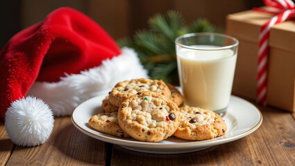christmas cookies, glass of milk, gift box and Santa hat on the table