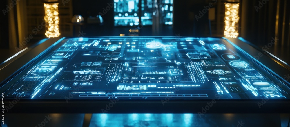 Poster futuristic interactive table displaying glowing blue digital data.