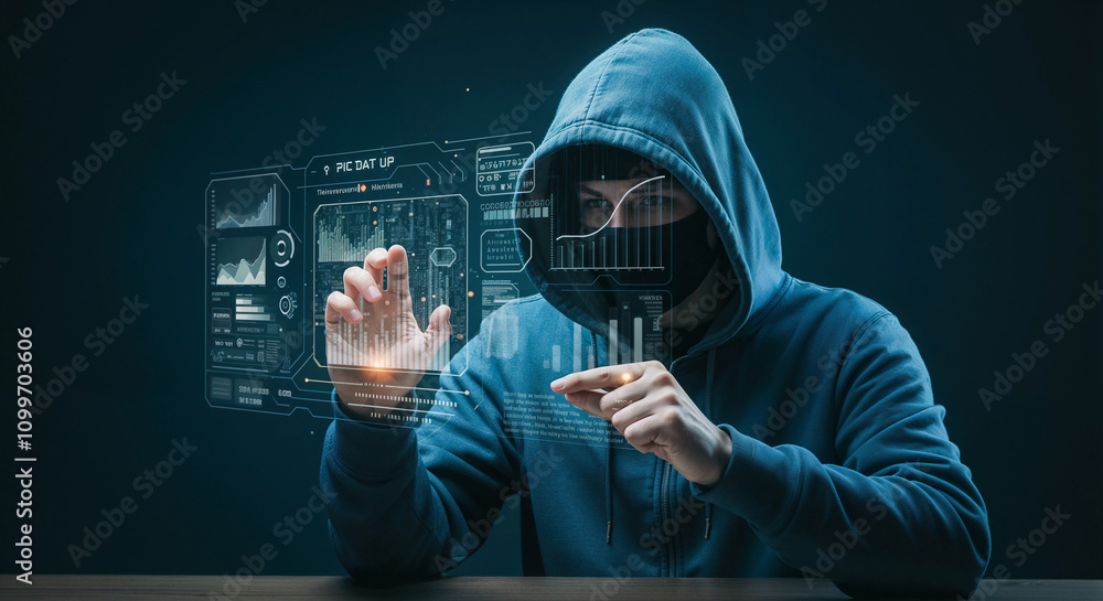 Poster hacker with holographic interface, phishing and data hacking concept. generative ai
