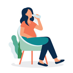 Pregnant woman drinking water. Vector illustration in flat style.
