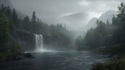 Fog-laden river winding through a serene mountain landscape with cascading waterfalls amidst a rain-drenched atmosphere.