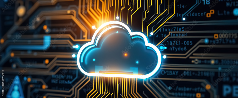 Poster glowing cloud symbol futuristic technology cloud computing data storage online server digital transformation innovation high-tech virtual network
