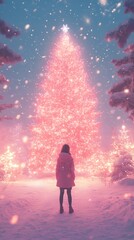 Obraz premium A young woman gazes at a glowing pink Christmas tree in a snowy wonderland.