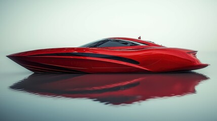 Naklejka premium Sleek Red Luxury Sports Boat Gliding Smoothly Across Calm Waters, Showcasing Futuristic Design and Elegant Aesthetics for Marine Enthusiasts and Designers