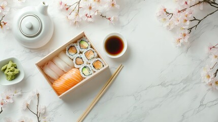 Sushi assortment in a craft paper box with soy sauce, wasabi, and ginger, beside a teapot and adorned with Sakura flowers on a marble backdrop.