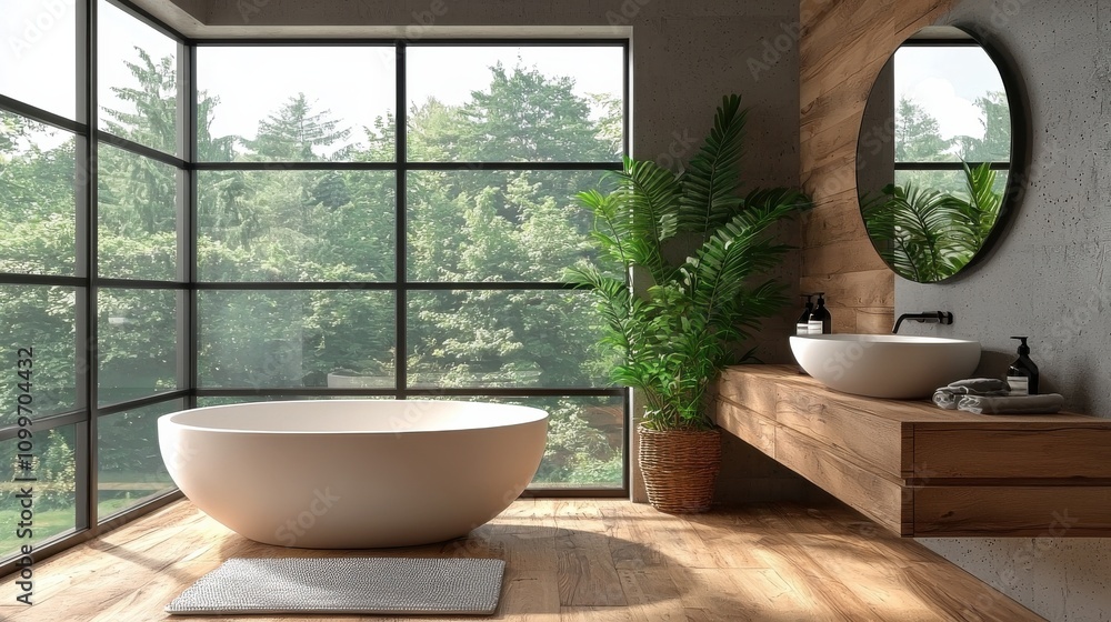 Poster modern bathroom design with large windows and natural elements showcasing tranquility and style