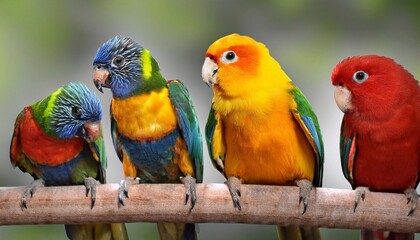 Obraz premium Different colored parrots on a branch in the zoo.