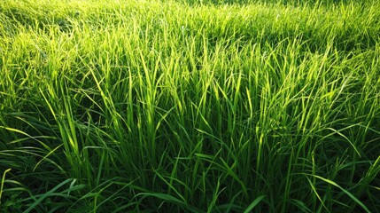 Obraz premium Vibrant sunlit green grass with dewdrops in a lush natural landscape capturing the essence of tranquility and freshness.