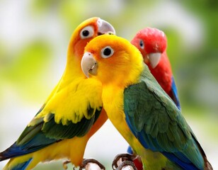 Obraz premium Different colored parrots on a branch in the zoo.