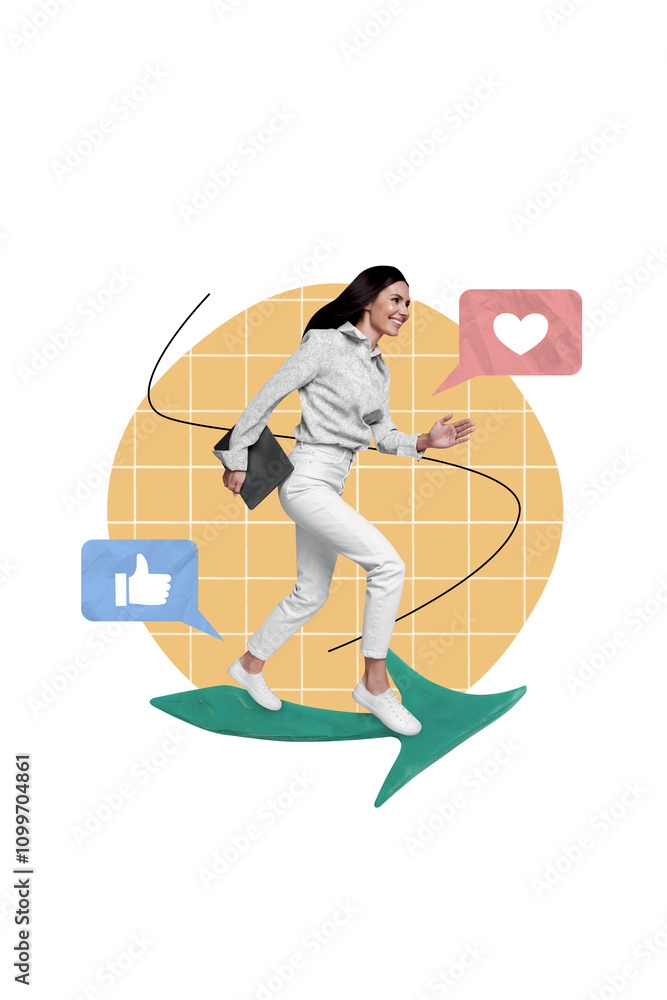 Poster vertical collage picture of excited positive girl hold netbook running receive like notification iso