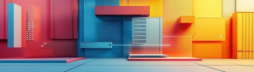 A vibrant abstract scene featuring geometric shapes in red, blue, and orange, creating a dynamic visual effect.