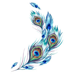 Obraz premium Peacock feathers round frame. The illustration is hand-drawn, executed in watercolor. A beautiful bright multicolored Phoenix bird feather on a white background. Asian, Indian, Japanese ornament