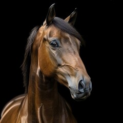 Fototapeta premium Bay horse portrait on black background close up beautiful chestnut horse.