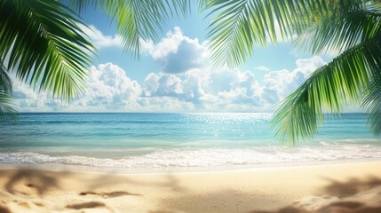 Obraz premium Lush green palm leaves framing a tranquil beach scene with gentle waves, soft sand, and a bright sky filled with fluffy clouds.