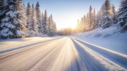 Obraz premium Winter road winding through a serene snowy landscape, flanked by tall evergreen trees glistening under bright sunlight at sunrise.