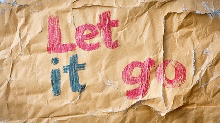 Ripped brown paper revealing the phrase Let it go in colorful letters, emphasizing a message of freedom and release.