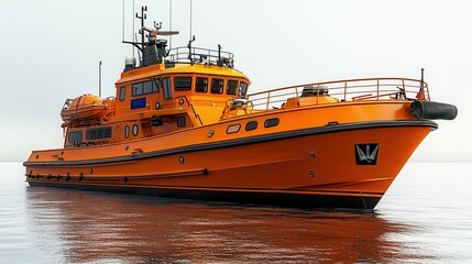 Fototapeta premium Bright Orange Rescue Boat Floating on Calm Water, Equipped for Emergency Situations, Perfect for Marine Safety and Rescue Operations at Sea