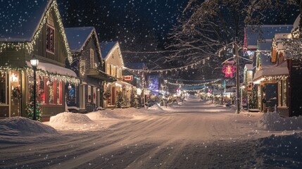 Fototapeta premium Picture a picturesque Christmas town as snow falls gently from the sky. Houses are lit up with festive,