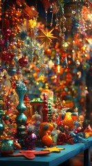 Fototapeta premium Colorful display of holiday decorations and ornaments in a vibrant shop setting.