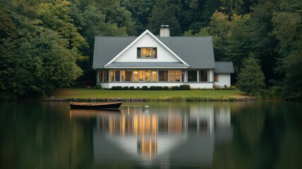 Fototapeta premium Twostory house with large bay windows facing the lake, with a rowboat gently drifting nearby bay windows, peaceful lake scene