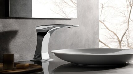 Sleek modern bathroom faucet with an elegant sink and stylish mirror against a backdrop of luxurious contemporary interior design.