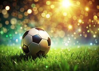 Naklejka premium Nestled in lush green grass, a soccer ball glimmers under a cascade of beautiful bokeh lights, creating an enchanting atmosphere that feels wonderfully dreamlike.