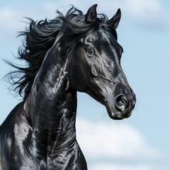 Obraz premium Black Andalusian stallion gallops on dark background