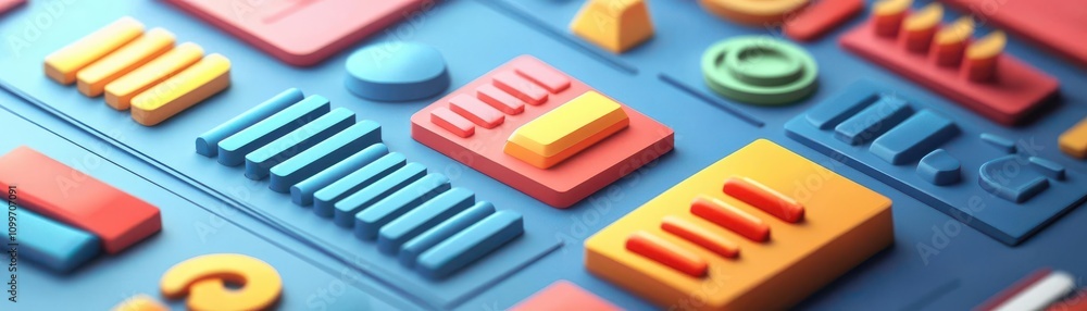 Poster a colorful arrangement of geometric shapes and buttons on a textured surface, showcasing vibrant des